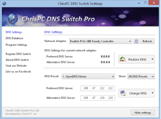 modifier les paramètres DNS sur Windows 10 avec ChrisPC DNS Switch