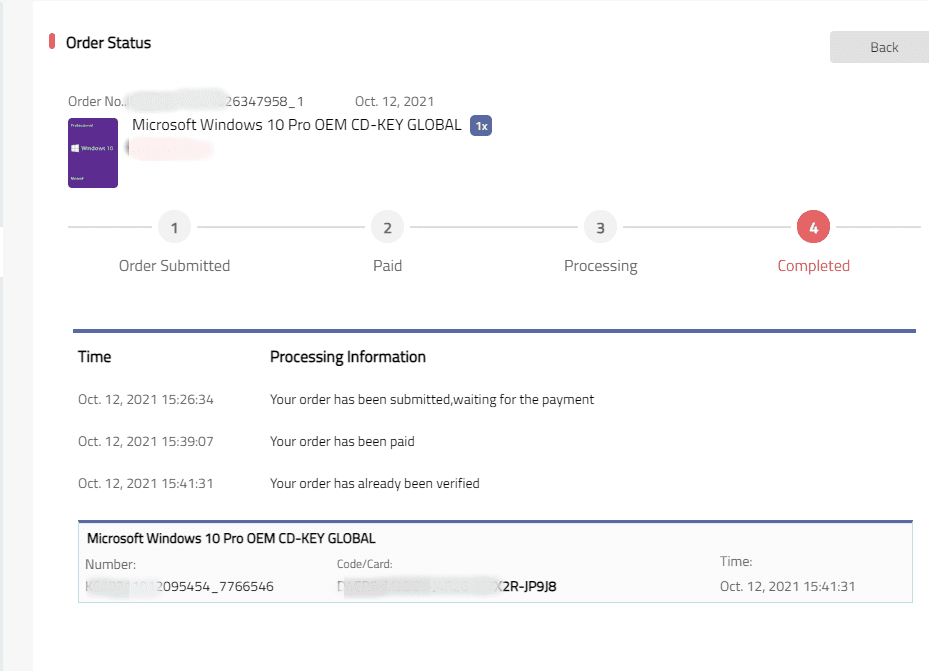 Page retour paiement et vos codes