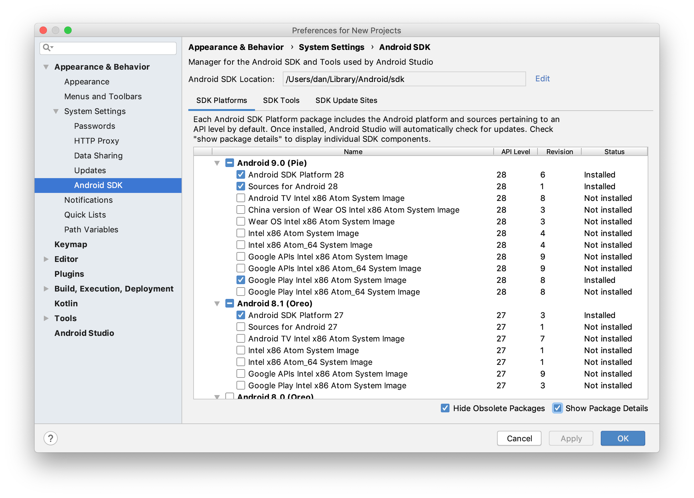 Gestionnaire de SDK Android Studio