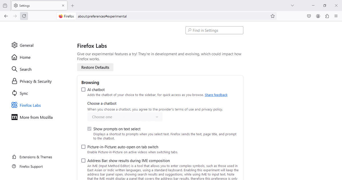 Firefox 130, nouvelle section de laboratoires expérimentaux